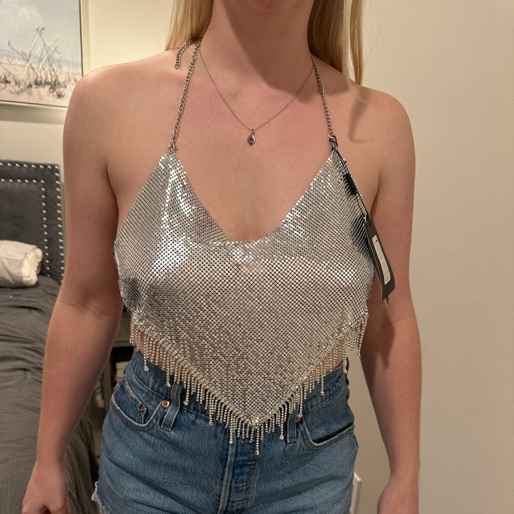 Fashion Nova Metallic Silver Halter Crop Top